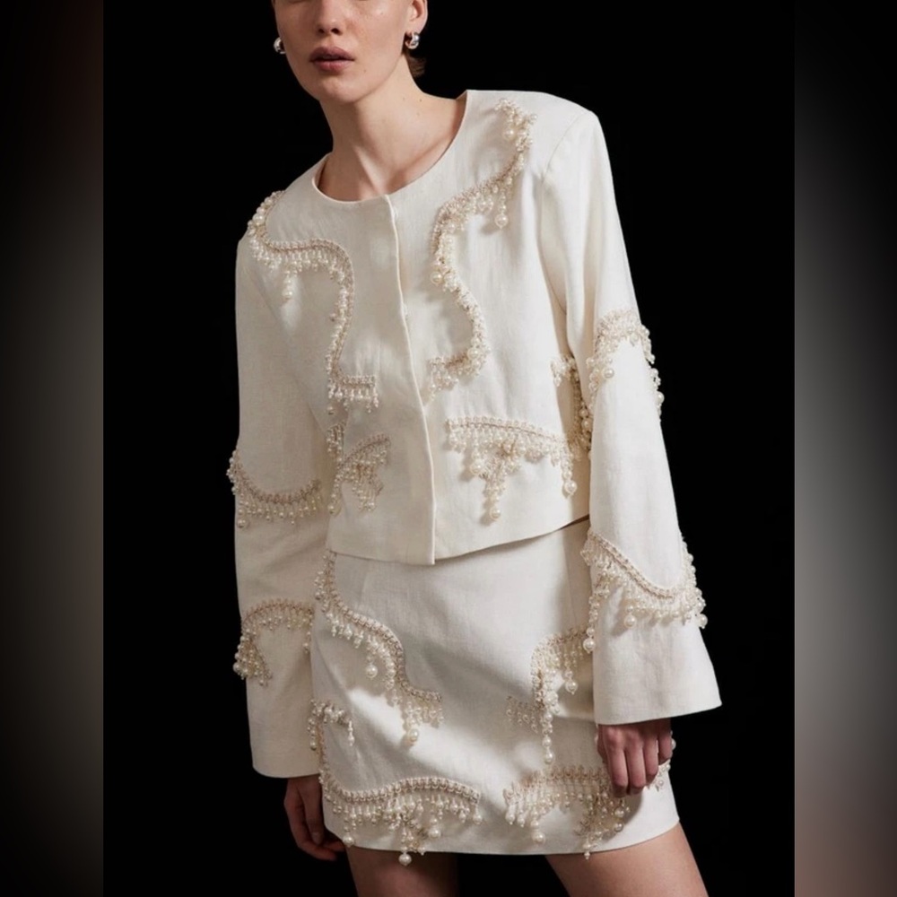 H&M Bead-Pearl-Embellished Cropped Linen Jacket & Skirt Set (Sold Together)